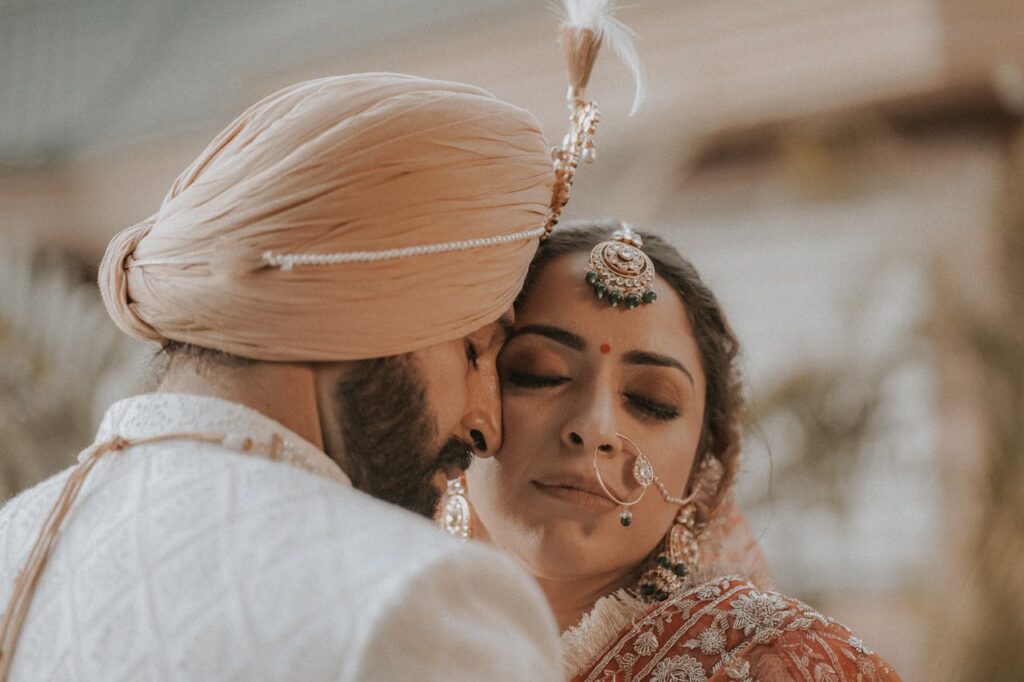 Faces of Newlyweds in Traditional Clothing