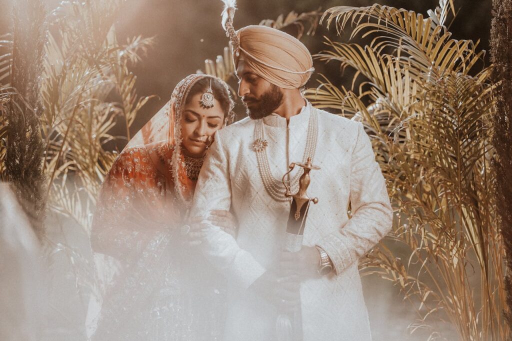 Newlyweds Posing in Traditional Clothing